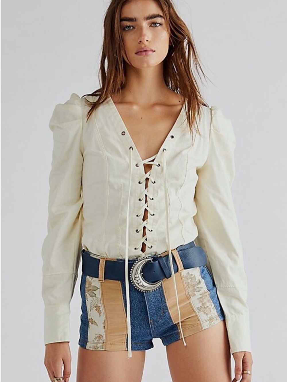 Free People Lace Up Front Puff Sleeve Denim Western Long Sleeve Top Gardenia XS